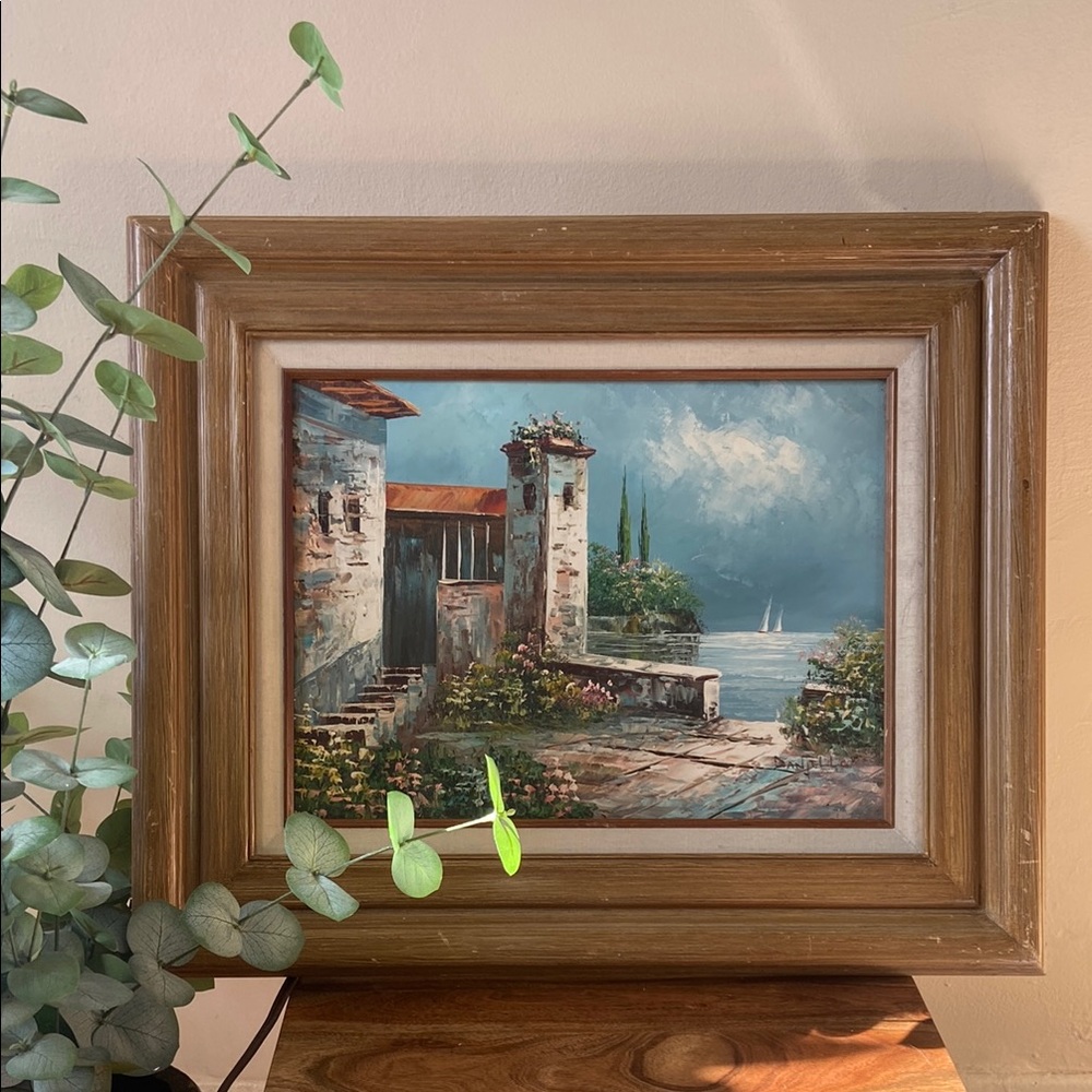 Original D'Aniello Italian Coastal Oil Painting Framed Canvas Seascape Villa
